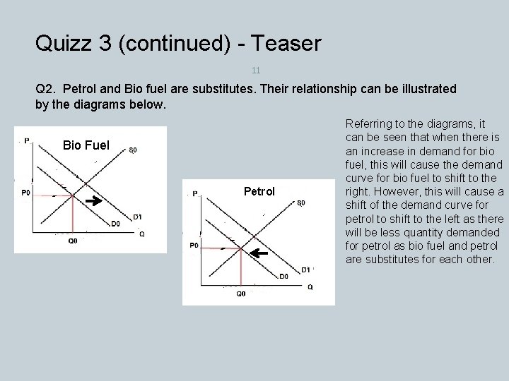 Quizz 3 (continued) - Teaser 11 Q 2. Petrol and Bio fuel are substitutes.