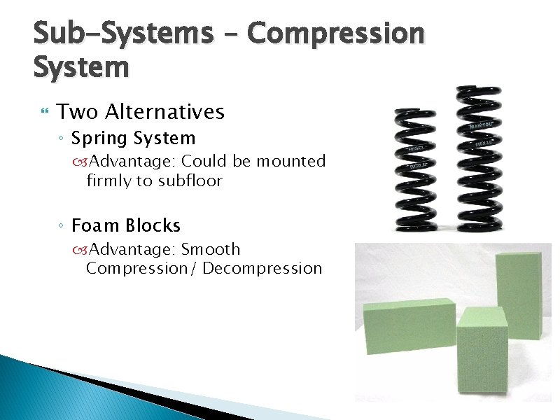 Sub-Systems – Compression System Two Alternatives ◦ Spring System Advantage: Could be mounted firmly