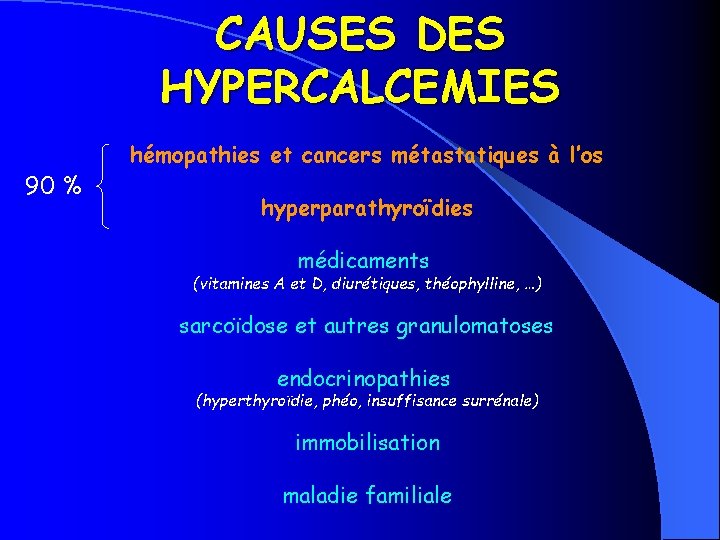 CAUSES DES HYPERCALCEMIES 90 % hémopathies et cancers métastatiques à l’os hyperparathyroïdies médicaments (vitamines