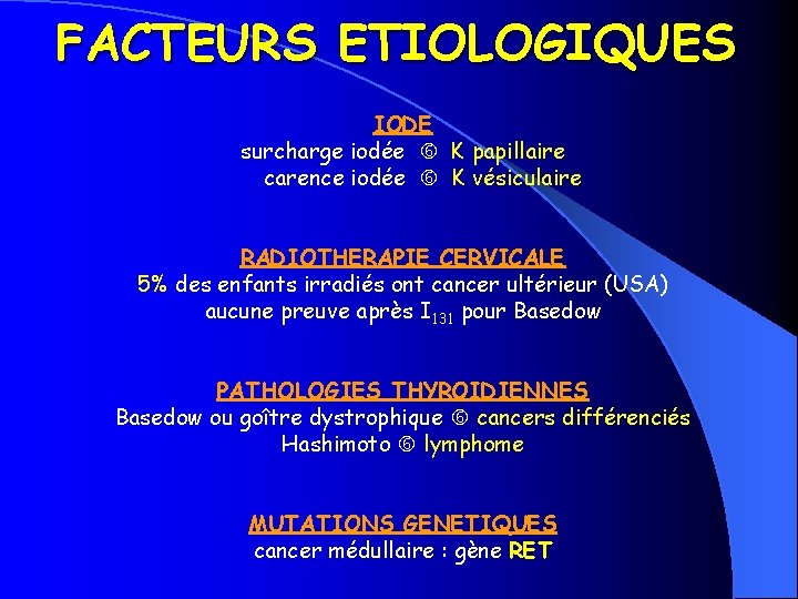 FACTEURS ETIOLOGIQUES IODE surcharge iodée K papillaire carence iodée K vésiculaire RADIOTHERAPIE CERVICALE 5%