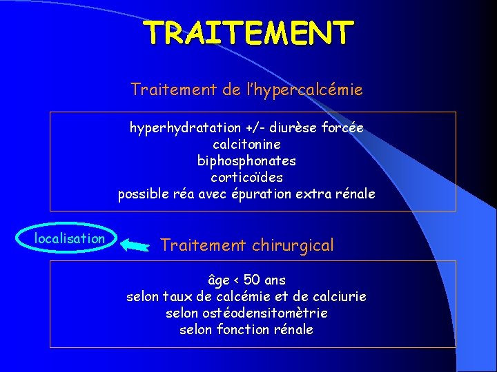 TRAITEMENT Traitement de l’hypercalcémie hyperhydratation +/- diurèse forcée calcitonine biphosphonates corticoïdes possible réa avec