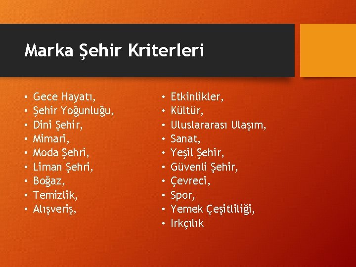 Marka Şehir Kriterleri • • • Gece Hayatı, Şehir Yoğunluğu, Dini Şehir, Mimari, Moda