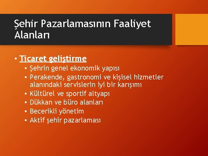 Şehir Pazarlamasının Faaliyet Alanları • Ticaret geliştirme • Şehrin genel ekonomik yapısı • Perakende,