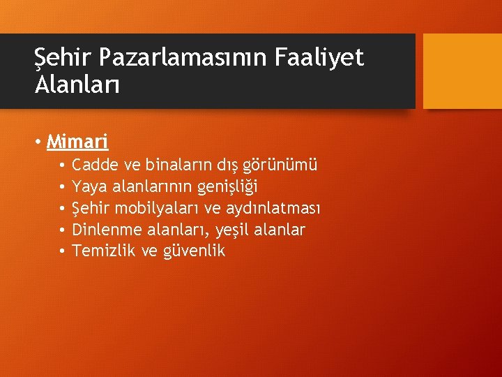 Şehir Pazarlamasının Faaliyet Alanları • Mimari • • • Cadde ve binaların dış görünümü