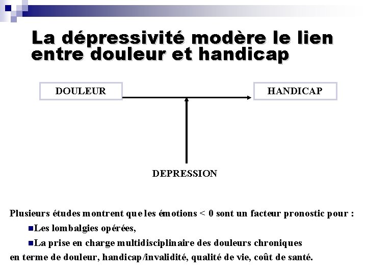 La dépressivité modère le lien entre douleur et handicap DOULEUR HANDICAP DEPRESSION Plusieurs études