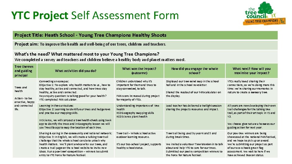 YTC Project Self Assessment Form Project Title: Heath School - Young Tree Champions Healthy YTC Project Self Assessment Form Project Title: Heath School - Young Tree Champions Healthy