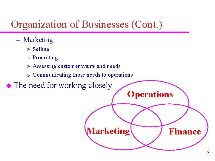 Organization of Businesses (Cont. ) – Marketing » » u The Selling Promoting Assessing