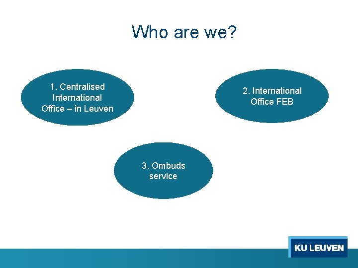 Who are we? 1. Centralised International Office – in Leuven 2. International Office FEB