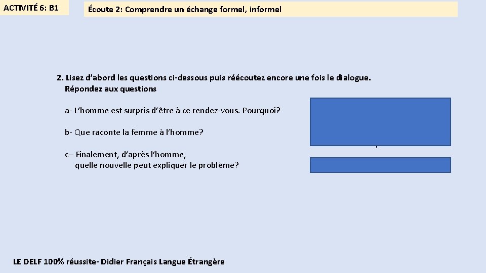 ACTIVITÉ 6: B 1 Écoute 2: Comprendre un échange formel, informel 2. Lisez d’abord