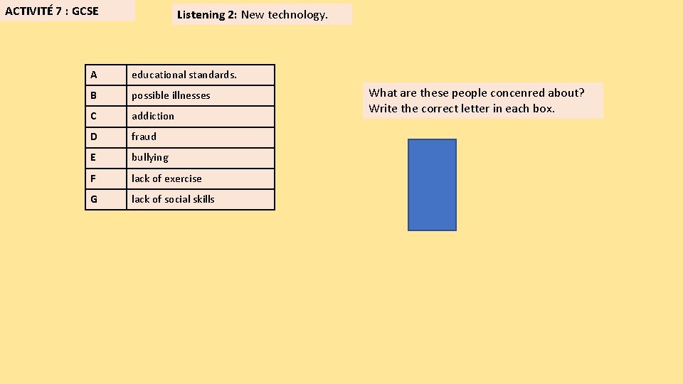 ACTIVITÉ 7 : GCSE Listening 2: New technology. A educational standards. B possible illnesses