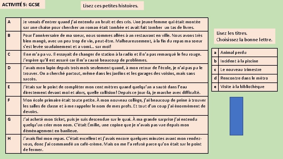 ACTIVITÉ 5: GCSE Lisez ces petites histoires. A Je venais d’entrer quand j’ai entendu