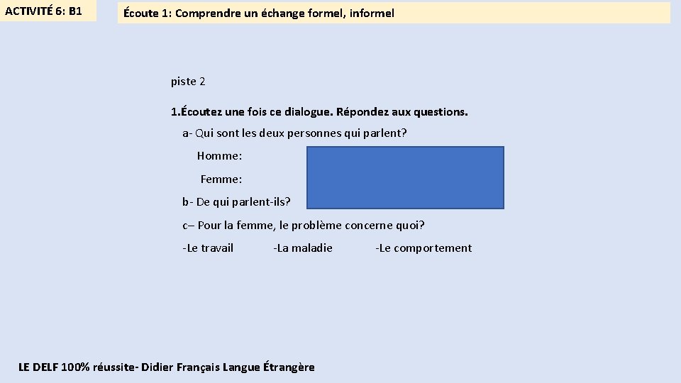 ACTIVITÉ 6: B 1 Écoute 1: Comprendre un échange formel, informel piste 2 1.