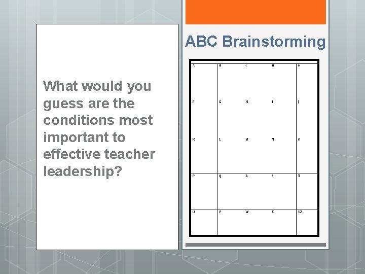 ABC Brainstorming What would you guess are the conditions most important to effective teacher