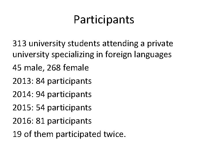 Participants 313 university students attending a private university specializing in foreign languages 45 male,