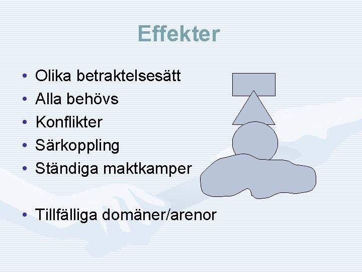 Effekter • • • Olika betraktelsesätt Alla behövs Konflikter Särkoppling Ständiga maktkamper • Tillfälliga