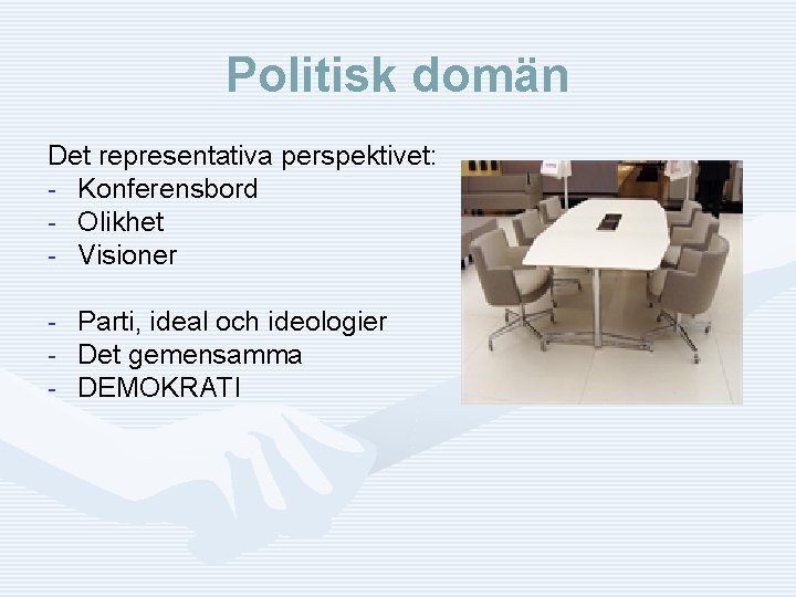 Politisk domän Det representativa perspektivet: - Konferensbord - Olikhet - Visioner - Parti, ideal