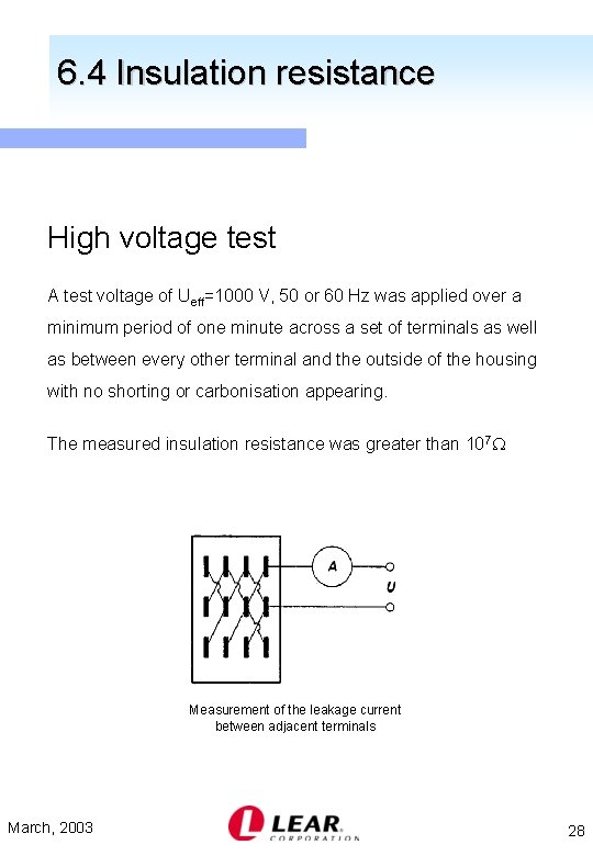 6. 4 Insulation resistance High voltage test A test voltage of Ueff=1000 V, 50