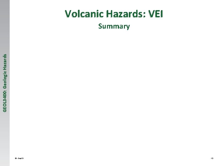 Volcanic Hazards: VEI GEOL 3400: Geologic Hazards Summary 01 -Sep-21 13 