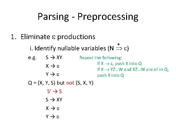 Parsing - Preprocessing 1. Eliminate productions * ) i. Identify nullable variables (N e.