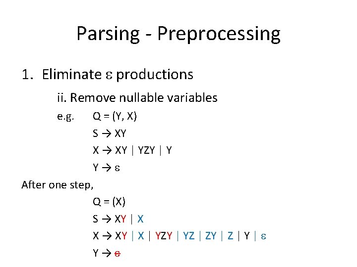 Parsing - Preprocessing 1. Eliminate productions ii. Remove nullable variables e. g. Q =