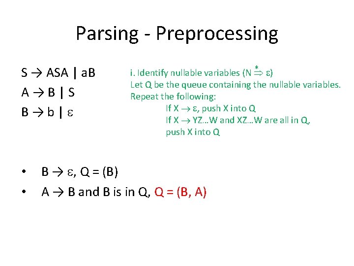 Parsing - Preprocessing S → ASA | a. B A→B|S B→b| • • *