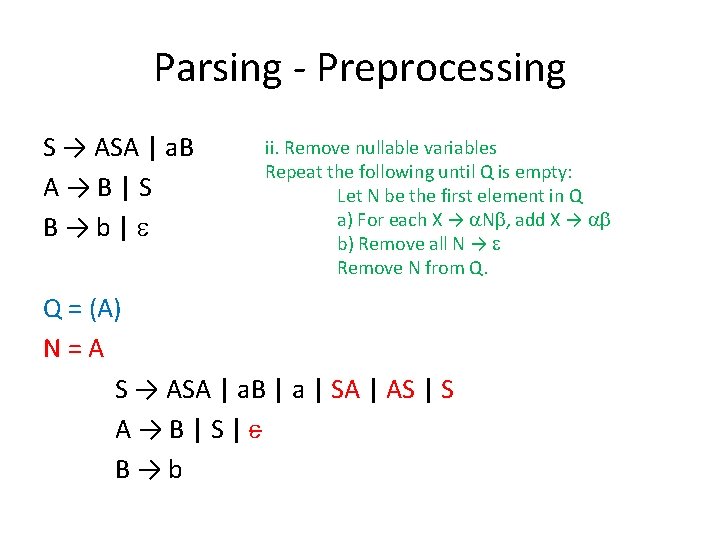 Parsing - Preprocessing S → ASA | a. B A→B|S B→b| ii. Remove nullable