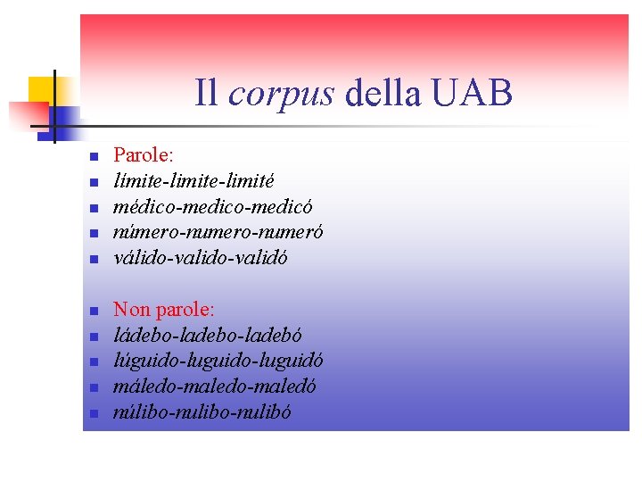 Il corpus della UAB n n n n n Parole: límite-limité médico-medicó número-numeró válido-validó Il corpus della UAB n n n n n Parole: límite-limité médico-medicó número-numeró válido-validó