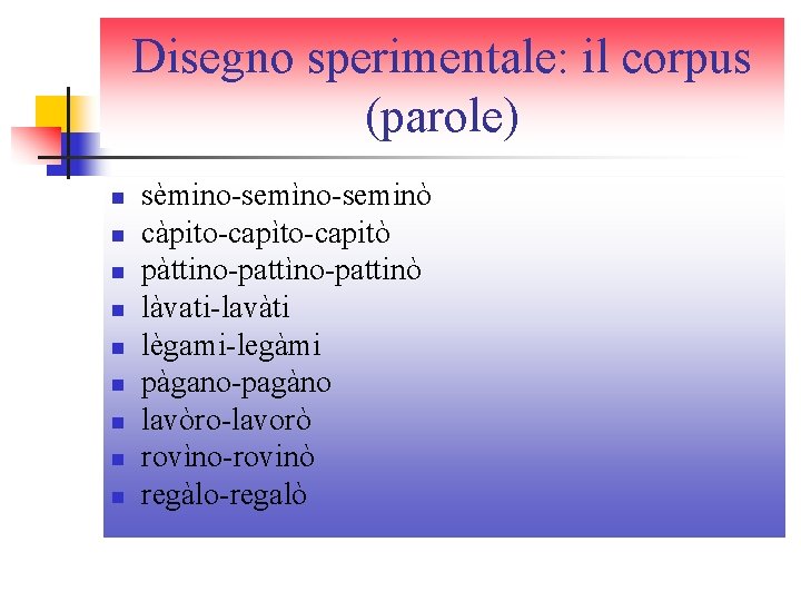 Disegno sperimentale: il corpus (parole) n n n n n sèmino-semìno-seminò càpito-capìto-capitò pàttino-pattìno-pattinò làvati-lavàti Disegno sperimentale: il corpus (parole) n n n n n sèmino-semìno-seminò càpito-capìto-capitò pàttino-pattìno-pattinò làvati-lavàti