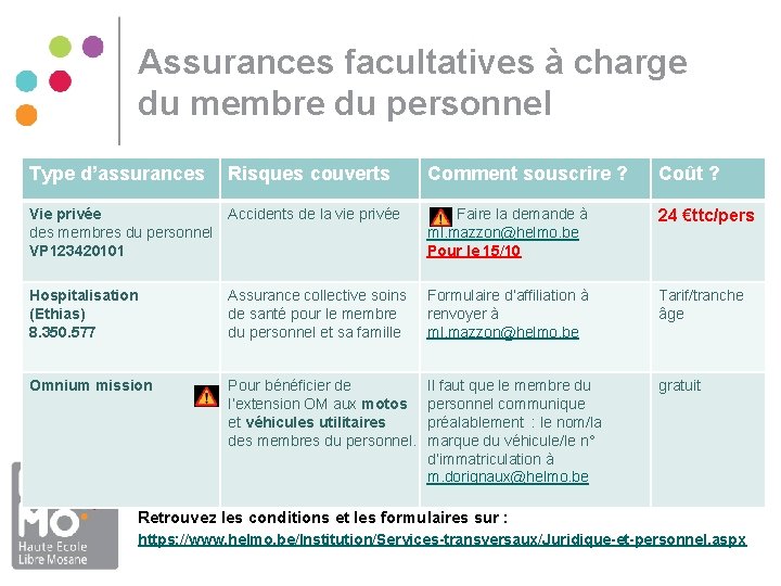 Assurances facultatives à charge du membre du personnel Type d’assurances Risques couverts Comment souscrire Assurances facultatives à charge du membre du personnel Type d’assurances Risques couverts Comment souscrire