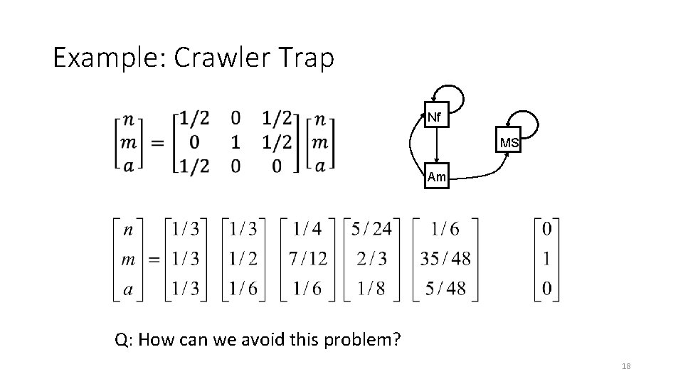 Example: Crawler Trap Nf MS Am Q: How can we avoid this problem? 18
