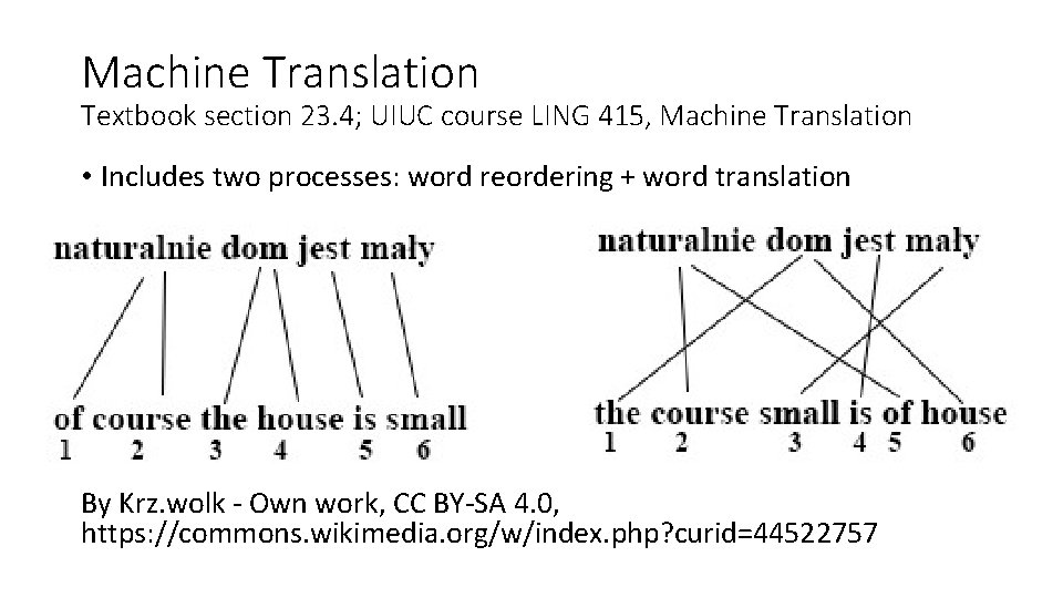 Machine Translation Textbook section 23. 4; UIUC course LING 415, Machine Translation • Includes