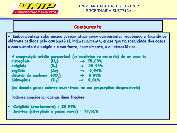 UNIVERSIDADE PAULISTA - UNIP ENGENHARIA ELÉTRICA Comburente Embora outras substâncias possam atuar como comburente,