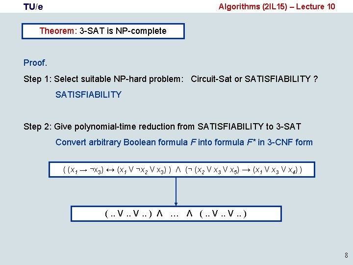 TU/e Algorithms (2 IL 15) – Lecture 10 Theorem: 3 -SAT is NP-complete Proof.