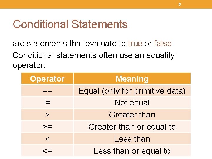 5 Conditional Statements are statements that evaluate to true or false. Conditional statements often