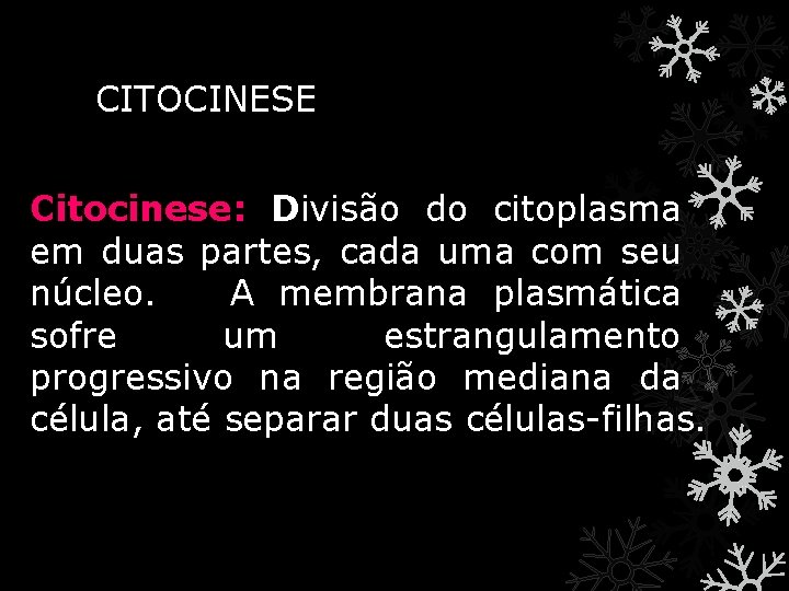 CITOCINESE Citocinese: Divisão do citoplasma em duas partes, cada uma com seu núcleo. A