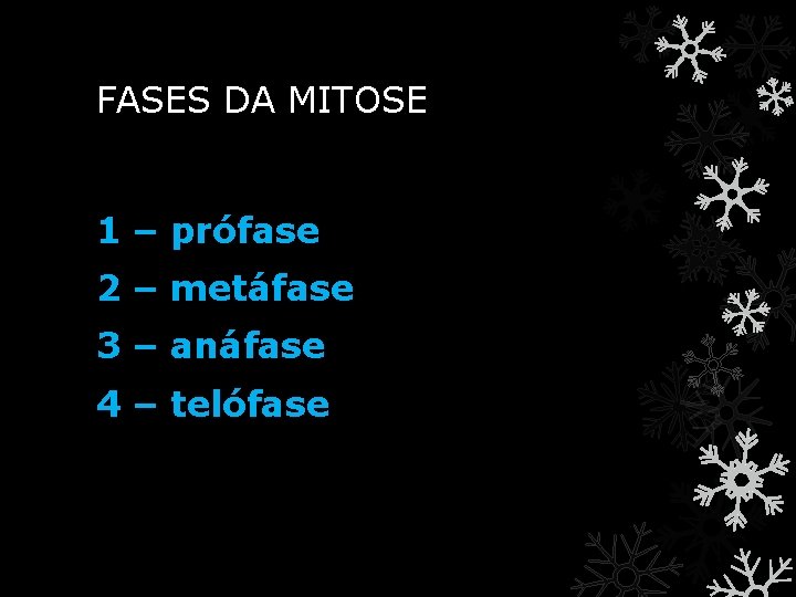 FASES DA MITOSE 1 – prófase 2 – metáfase 3 – anáfase 4 –