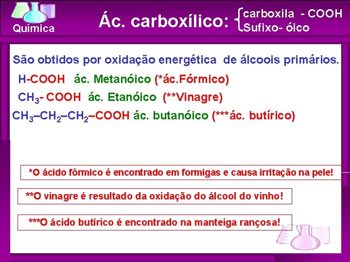 Química Ác. carboxílico: carboxila - COOH Sufixo- óico São obtidos por oxidação energética de