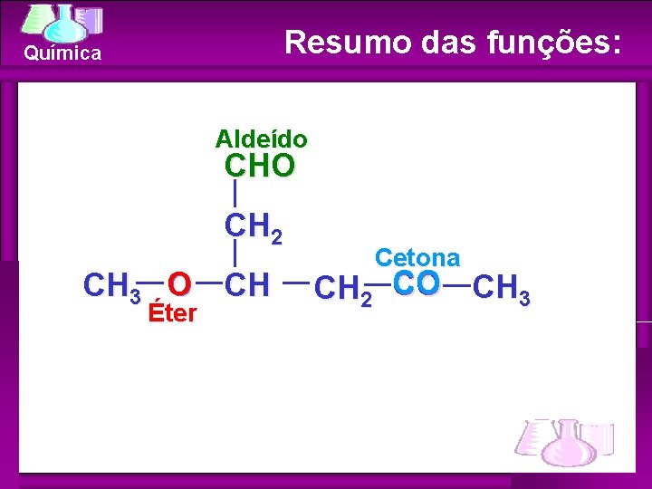 Resumo das funções: Química Aldeído CHO CH 2 CH 3 O CH Éter Cetona