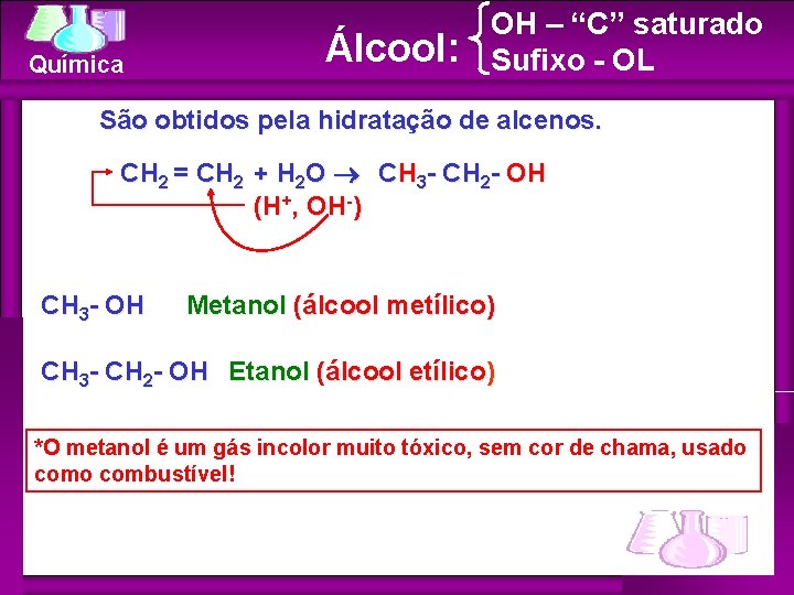 Química Álcool: OH – “C” saturado Sufixo - OL São obtidos pela hidratação de