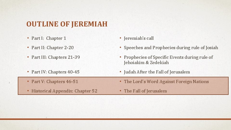 OUTLINE OF JEREMIAH • Part I: Chapter 1 • Jeremiah’s call • Part II: