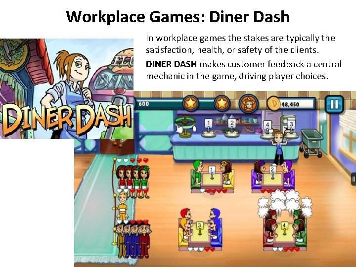 Workplace Games: Diner Dash In workplace games the stakes are typically the satisfaction, health,