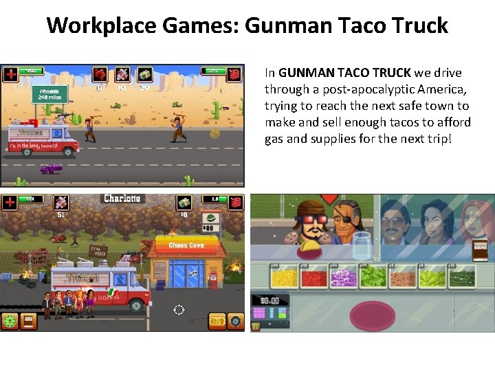 Workplace Games: Gunman Taco Truck In GUNMAN TACO TRUCK we drive through a post-apocalyptic