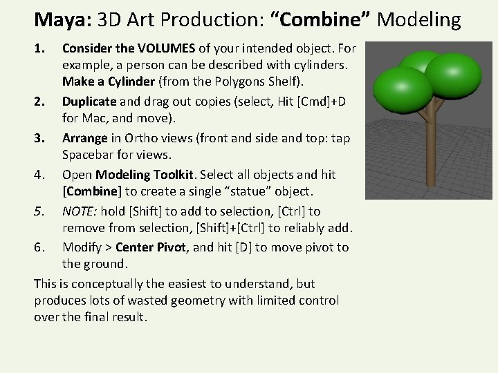 Maya: 3 D Art Production: “Combine” Modeling 1. Consider the VOLUMES of your intended