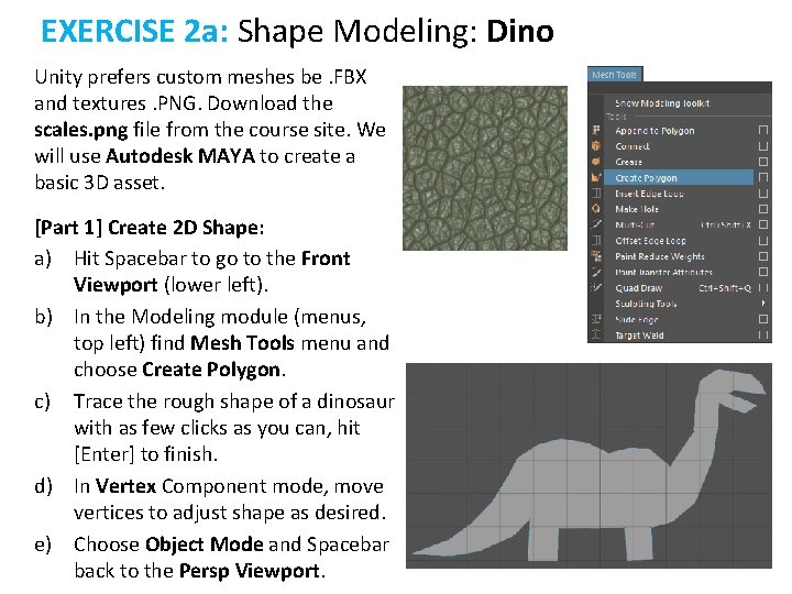 EXERCISE 2 a: Shape Modeling: Dino Unity prefers custom meshes be. FBX and textures.