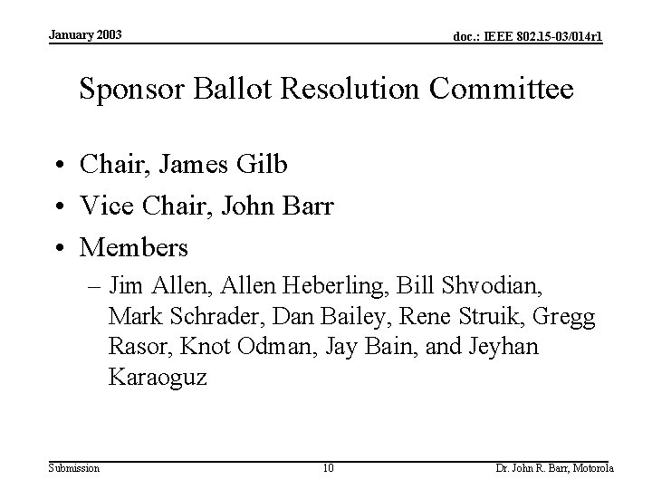 January 2003 doc. : IEEE 802. 15 -03/014 r 1 Sponsor Ballot Resolution Committee