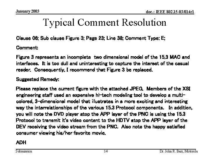January 2003 doc. : IEEE 802. 15 -03/014 r 1 Typical Comment Resolution Clause