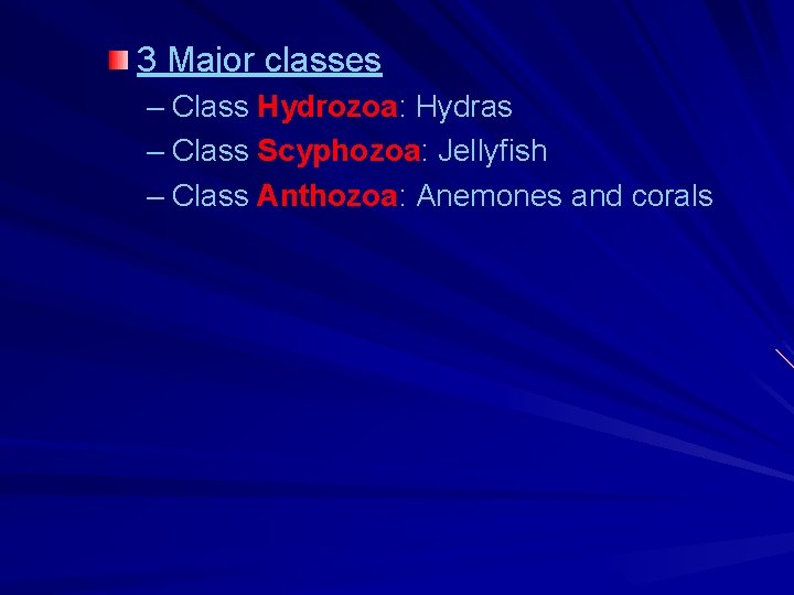 3 Major classes – Class Hydrozoa: Hydras – Class Scyphozoa: Jellyfish – Class Anthozoa: 3 Major classes – Class Hydrozoa: Hydras – Class Scyphozoa: Jellyfish – Class Anthozoa: