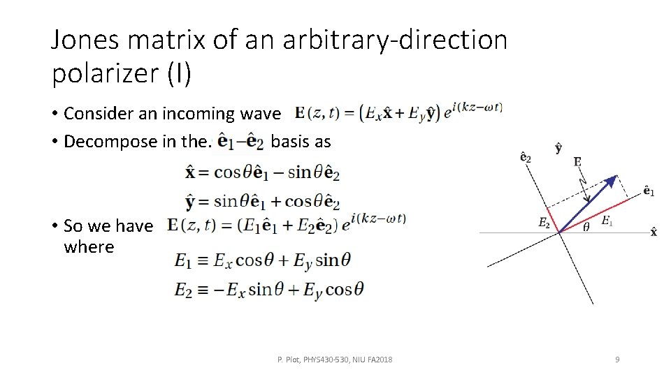 Jones matrix of an arbitrary-direction polarizer (I) • Consider an incoming wave • Decompose