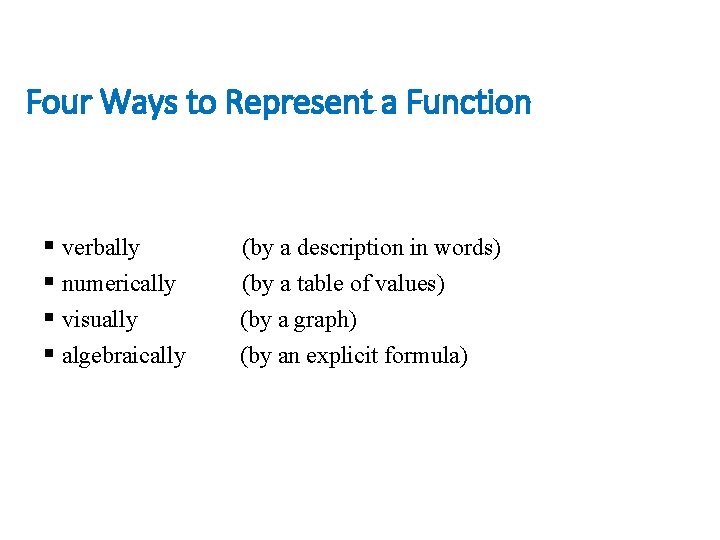 Four Ways to Represent a Function § verbally § numerically § visually § algebraically