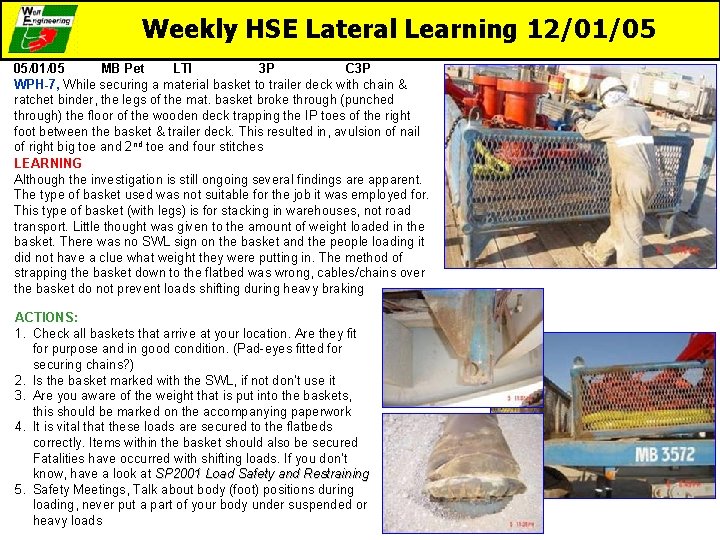 Weekly HSE Lateral Learning 12/01/05 05/01/05 MB Pet LTI 3 P C 3 P